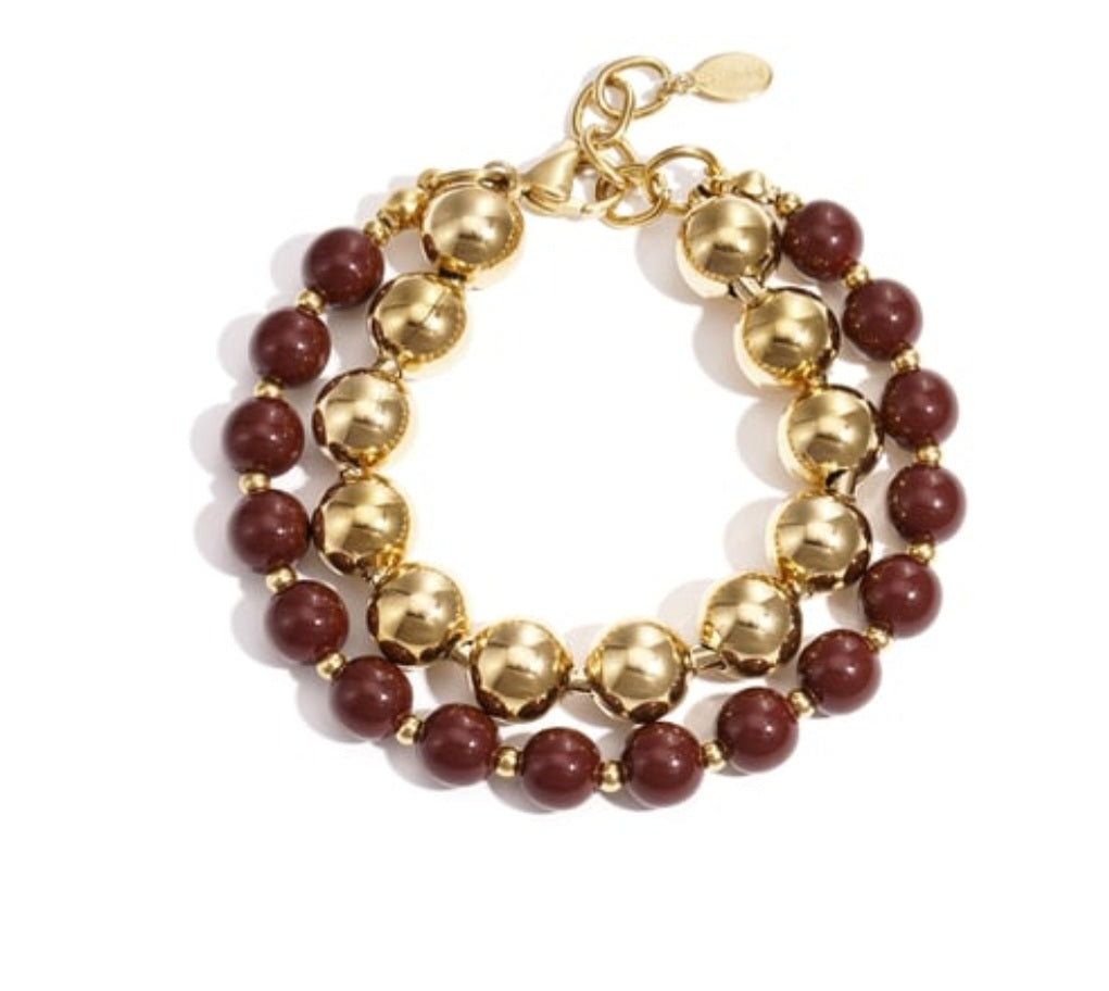 Bead armband stainlesssteel goud met bruin dubbel