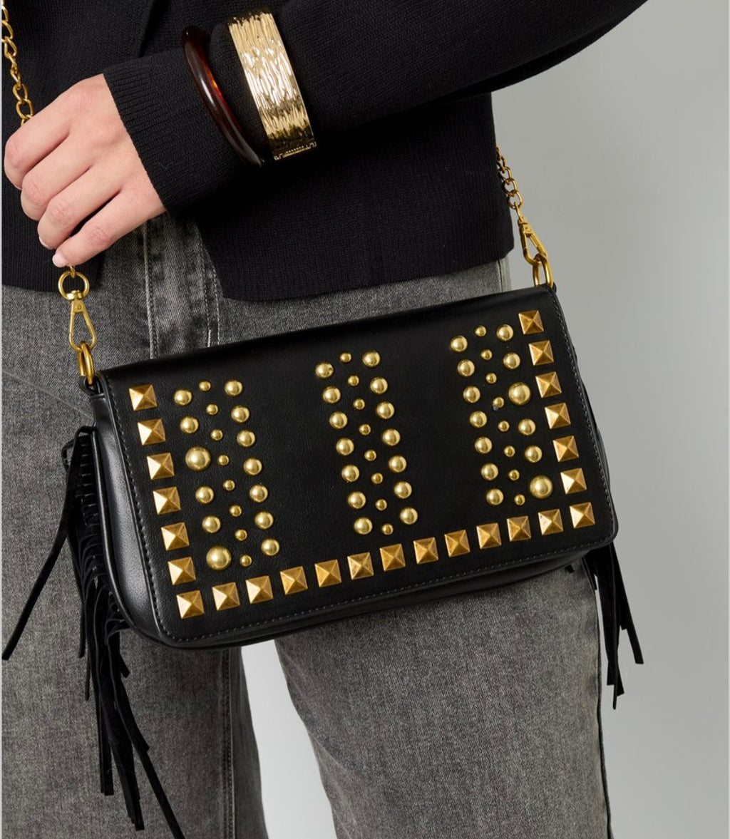 Zwarte tas met studs en franje - zwart