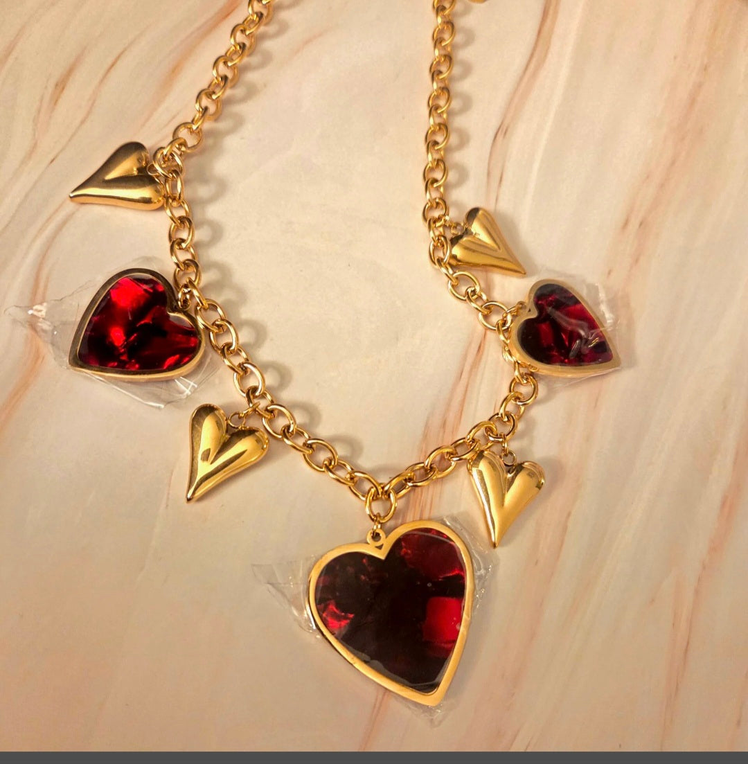 Bedelketting  bordeaux-Stainlesssteel- goud