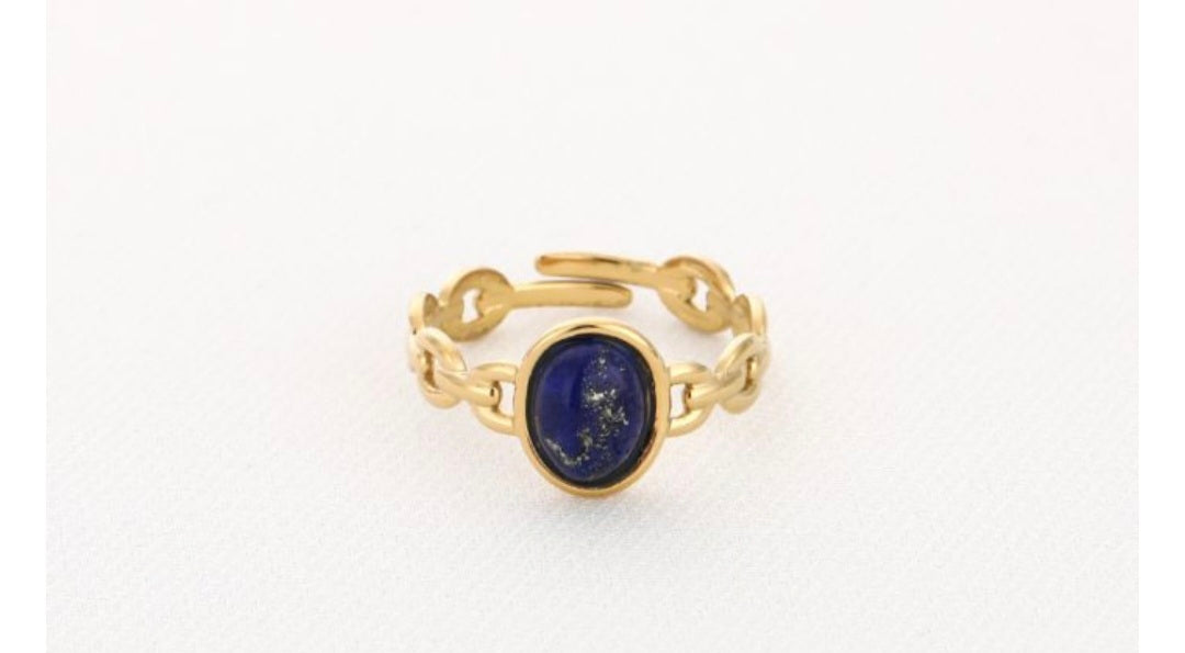 Ring natuursteen donkerblauw- verstelbaar-Stainlesssteel