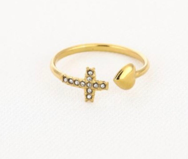Ring kruisje met hartje verstelbaar en Stainlesssteel goud