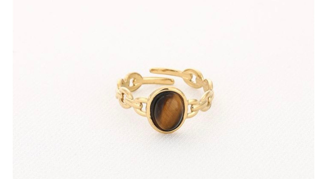 Ring TIGERS EYE-verstelbaar-Stainlesssteel-Natuursteen