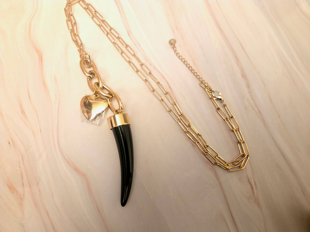 Lange ketting-80 cm- goud- slagtand zwart - Stainlesssteel