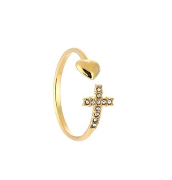 Ring kruisje met hartje verstelbaar en Stainlesssteel goud