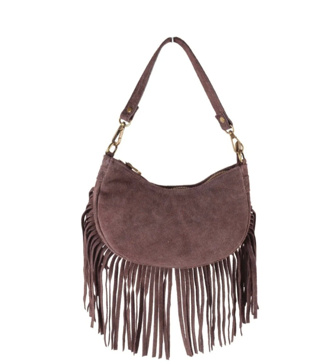 Tas echt leer met franje donker bruin