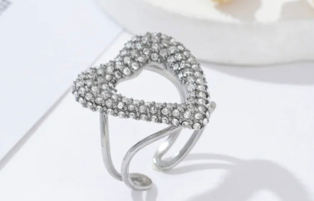 Ring strassteentjes hart vorm- verstelbaar- zilver- Stainlesssteel