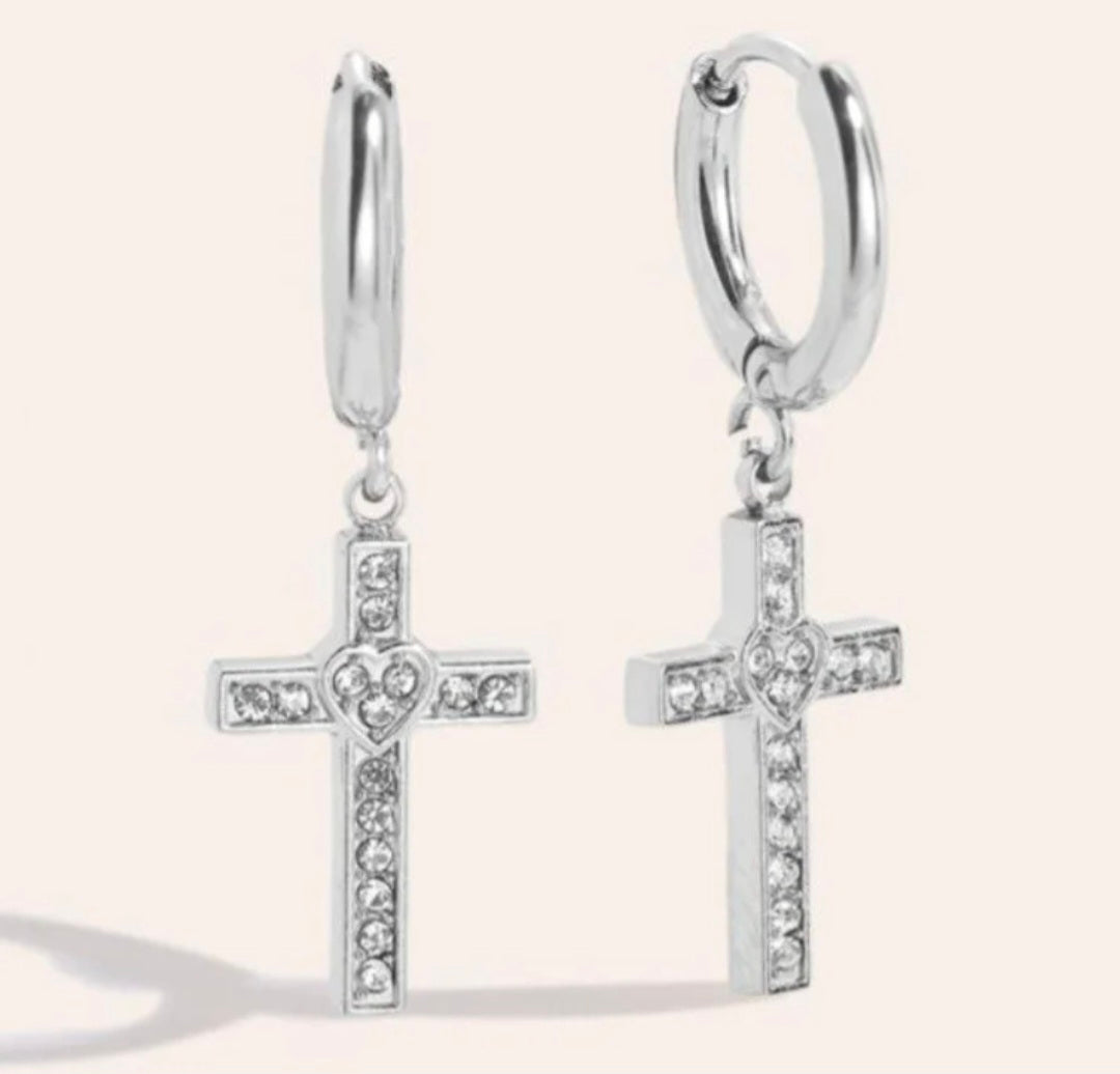 Oorbellen kruisjes- zilver- Stainlesssteel- strassteentjes