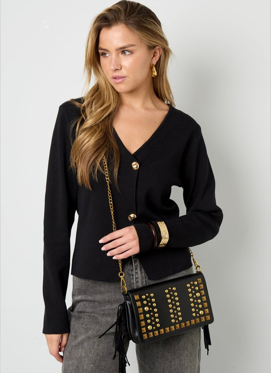 Zwarte tas met studs en franje - zwart